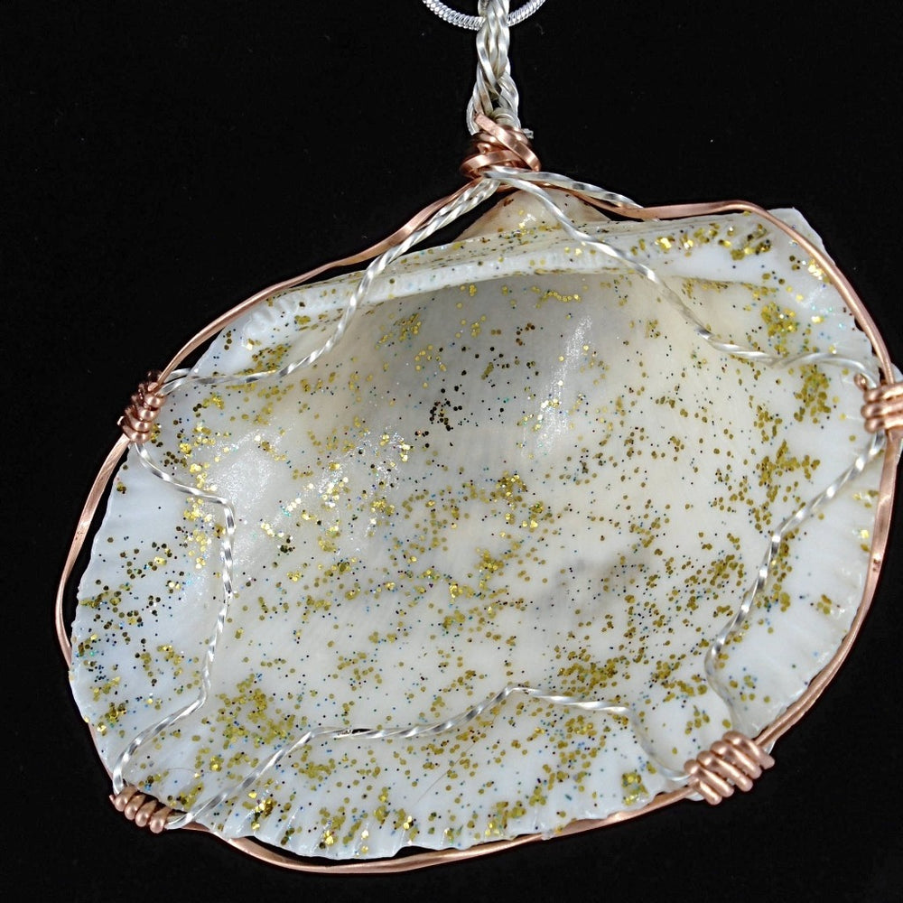 Cockle Shell Pendant Glitter Coated Silver/Copper Tone Wire Wrapped-Beach Boho - South Florida Boho Boutique