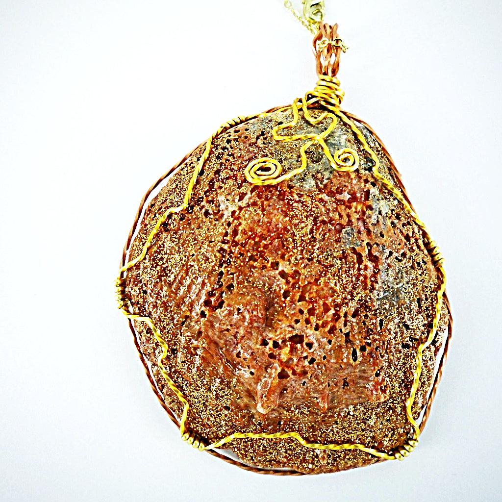Clam Shell Pendant Copper Encased-Gold Tone Wire Wrapped-Gold Sparkled-Beach Boho - South Florida Boho Boutique