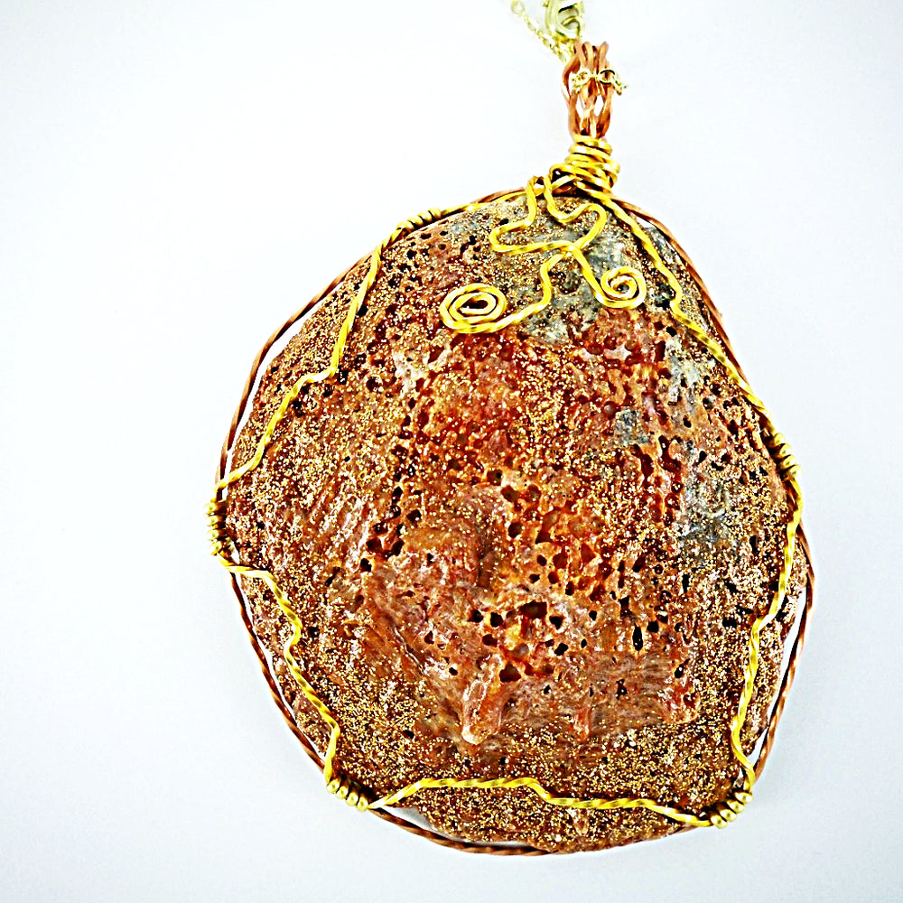 Clam Shell Pendant Copper Encased-Gold Tone Wire Wrapped-Gold Sparkled-Beach Boho