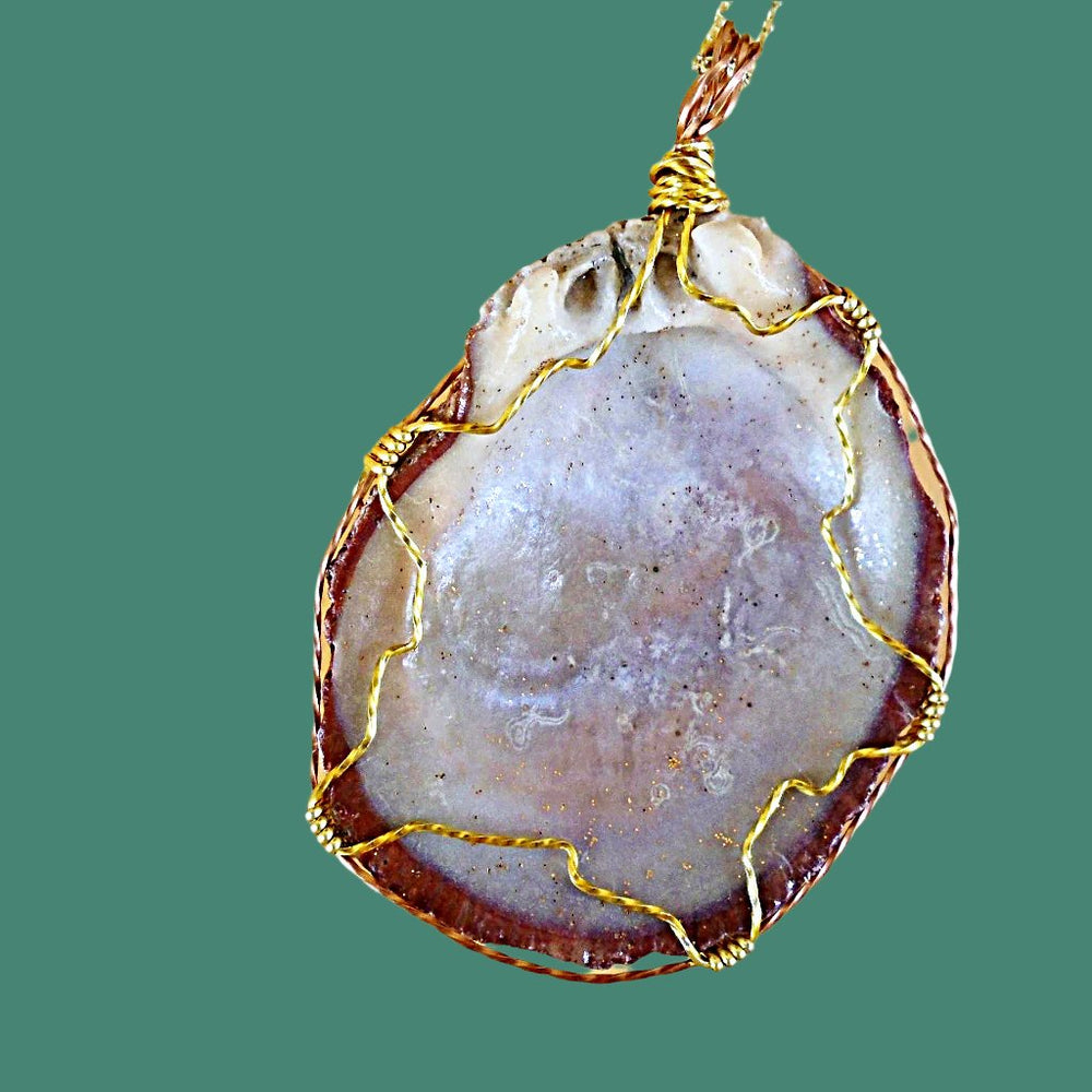 Clam Shell Pendant Copper Encased-Gold Tone Wire Wrapped-Gold Sparkled-Beach Boho - South Florida Boho Boutique