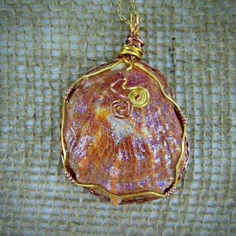 Orange Oyster Shell Pendant-Copper/Gold Wire Wrapped-Shimmer Glazed-Beach Boho