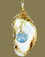Elongated White-Brown Oyster Shell Pendant-Gold/Turquoise Shell Charm-gold/silver tone wire wrapped - South Florida Boho Boutique