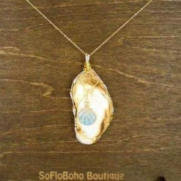 Elongated White-Brown Oyster Shell Pendant-Gold/Turquoise Shell Charm-gold/silver tone wire wrapped - South Florida Boho Boutique