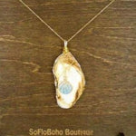 Elongated White-Brown Oyster Shell Pendant-Gold/Turquoise Shell Charm-gold/silver tone wire wrapped