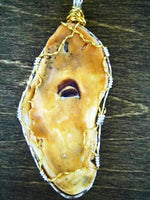 Elongated White-Brown Oyster Shell Pendant-Gold/Turquoise Shell Charm-gold/silver tone wire wrapped - South Florida Boho Boutique
