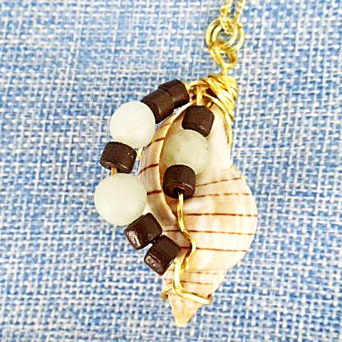 Banded Tulip Seashell Pendant-Green Glass/Brown Wood Beads-Beach-Boho - South Florida Boho Boutique