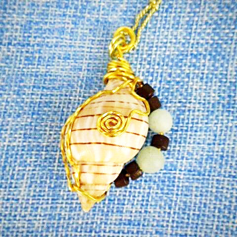 Banded Tulip Seashell Pendant-Green Glass/Brown Wood Beads-Beach-Boho - South Florida Boho Boutique