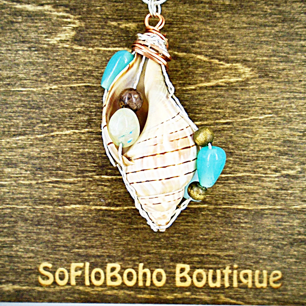 Banded Tulip Seashell Pendant-Green Glass/Brown Wood Beads-Beach Boho - South Florida Boho Boutique