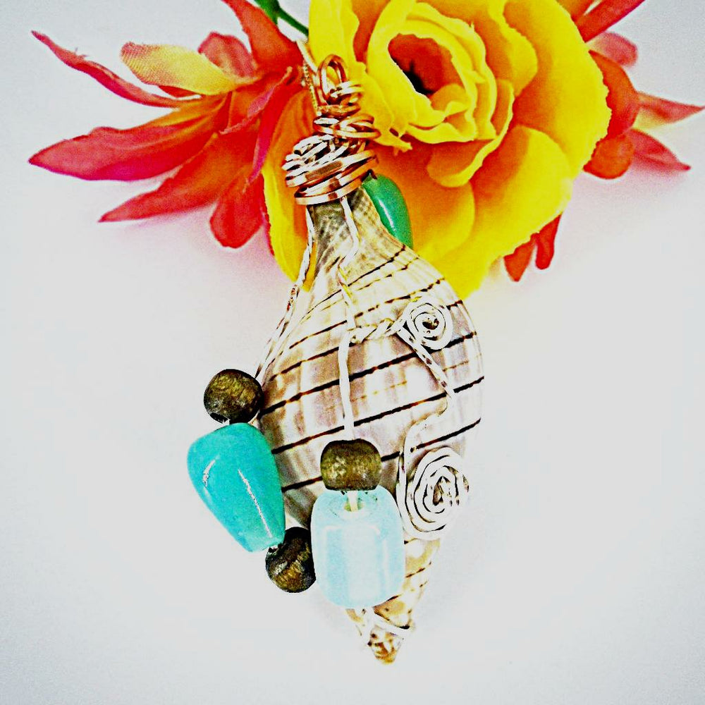 Banded Tulip Seashell Pendant-Green Glass/Brown Wood Beads-Beach Boho - South Florida Boho Boutique