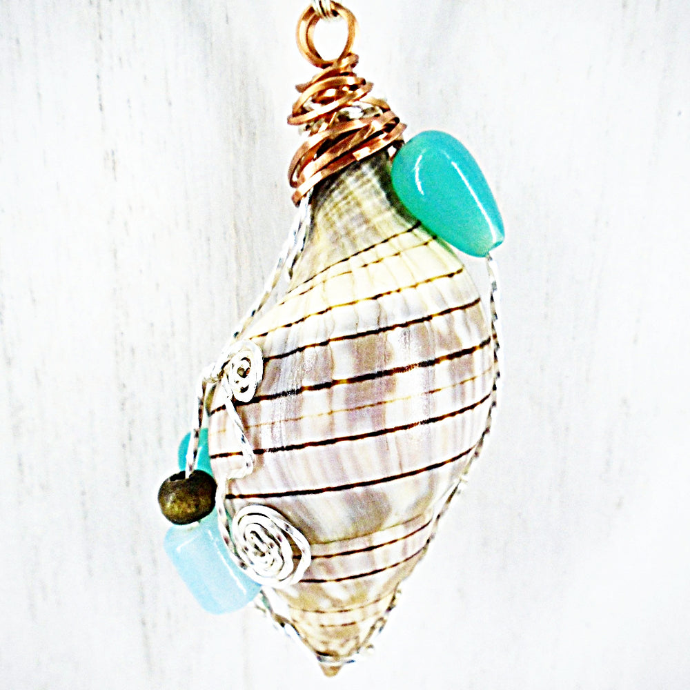 Banded Tulip Seashell Pendant-Green Glass/Brown Wood Beads-Beach Boho - South Florida Boho Boutique