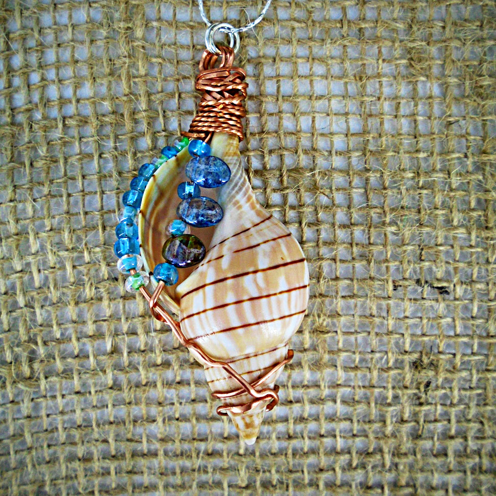 Natural Copper Wrapped Banded Tulip Seashell Pendant Blue-Green Color-Glass beads-Beach Boho