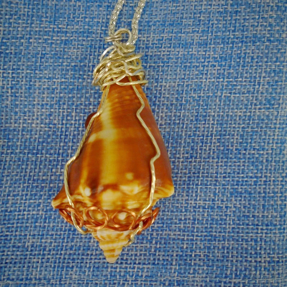 Fighting Conch Shell Pendant-Silver/Copper Wire Wrapped-Coral Glass Beads-Beach Boho - South Florida Boho Boutique