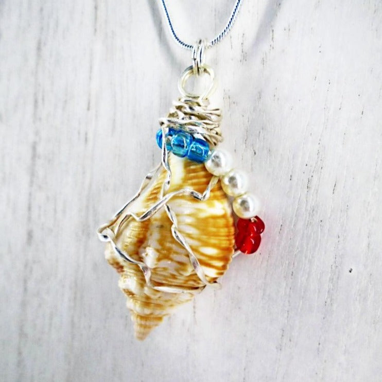 Natural Seashell Pendant-Silver Tone Wire Wrapped-Beach Boho-USA - South Florida Boho Boutique