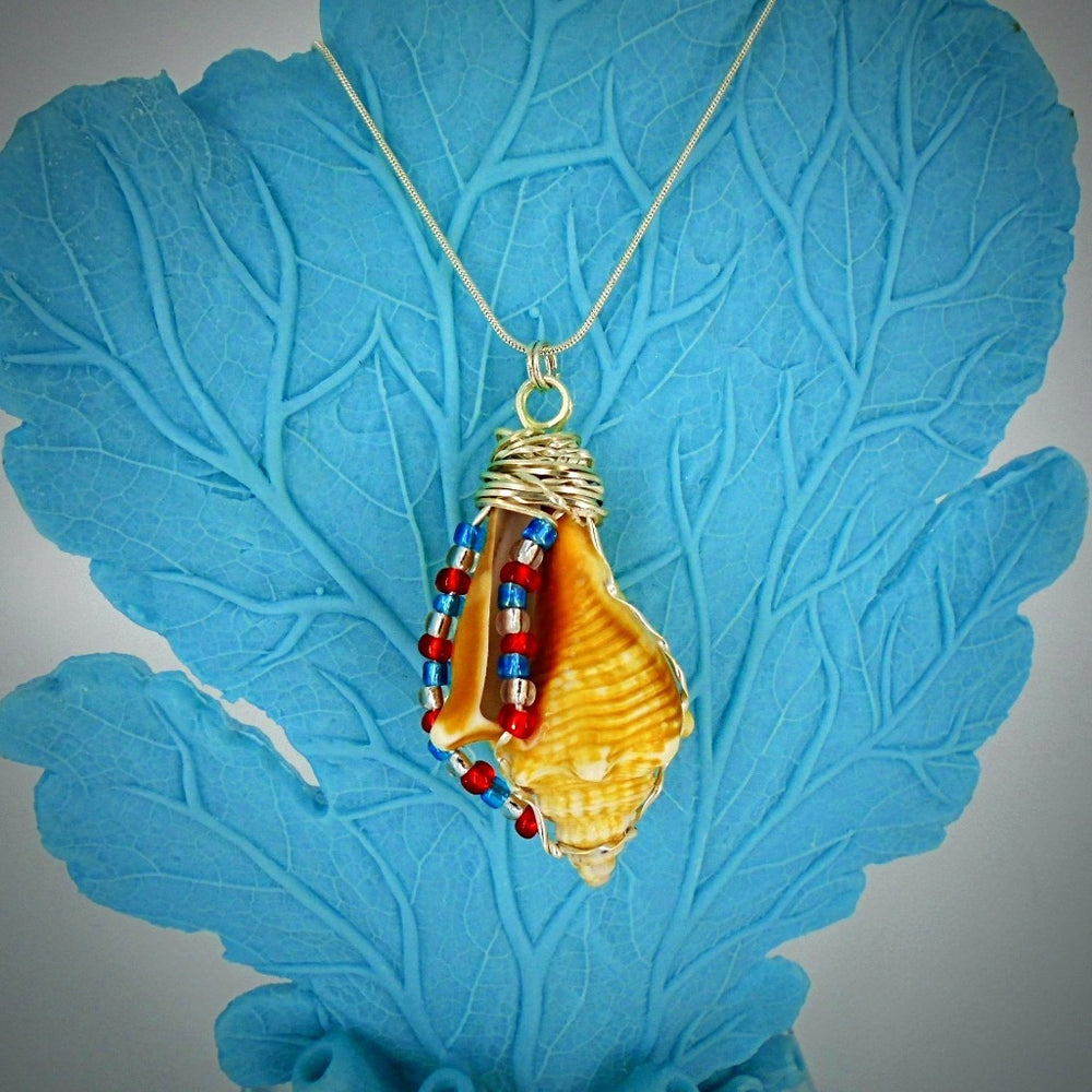 Fighting Conch Shell Pendant-Silver Wire Wrapped-Multi Color Glass Beads-USA Holiday Beach Boho - South Florida Boho Boutique