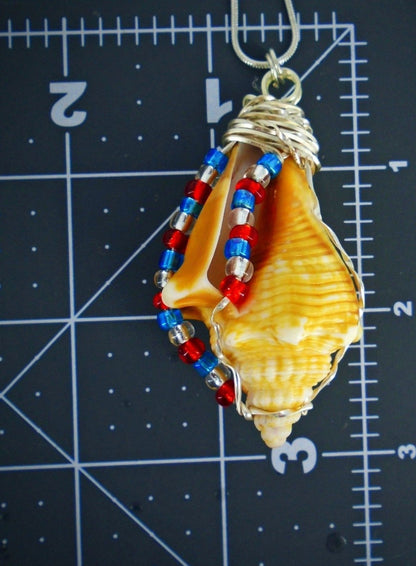 Fighting Conch Shell Pendant-Silver Wire Wrapped-Multi Color Glass Beads-USA Holiday Beach Boho - South Florida Boho Boutique