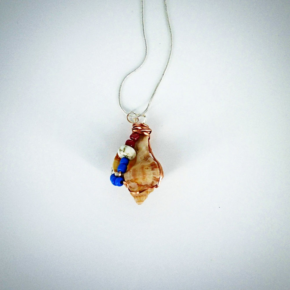 Florida Apple Murex Shell Pendant-Copper Wire Wrapped-Multi Color Glass Beads- USA Beach Boho - South Florida Boho Boutique