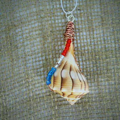 Lightning Whelk Shell Pendant-Multi-Color Glass Beads-Copper/Silver Color Wire Wrapped-USA- Boho - South Florida Boho Boutique