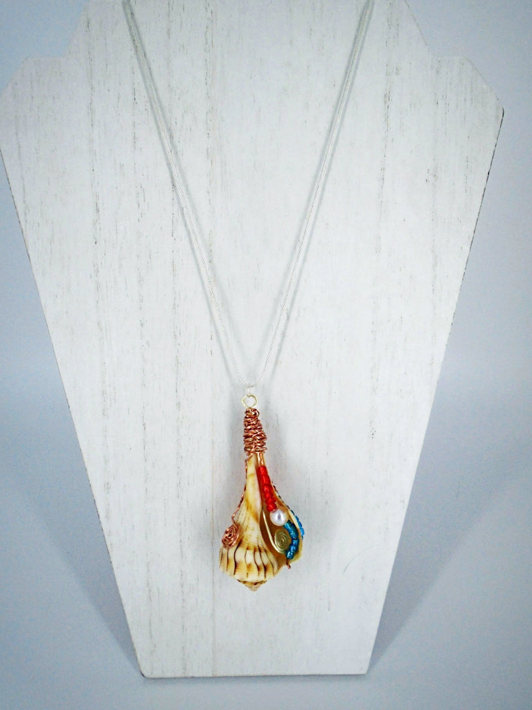 Lightning Whelk Shell Pendant-Multi-Color Glass Beads-Copper/Silver Color Wire Wrapped-USA- Boho - South Florida Boho Boutique
