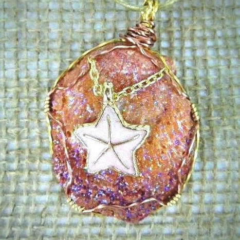 Orange Spiny Oyster Shell Pendant-Copper/Gold Wire Wrapped-Pink Starfish Charm - South Florida Boho Boutique
