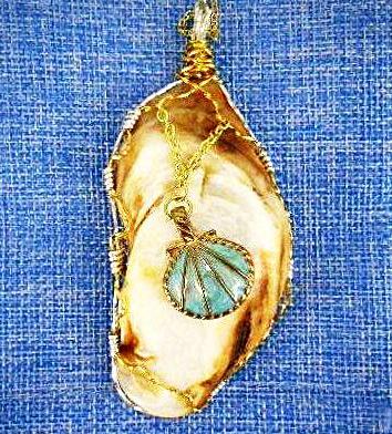 Elongated White-Brown Oyster Shell Pendant-Gold/Turquoise Shell Charm-gold/silver tone wire wrapped - South Florida Boho Boutique