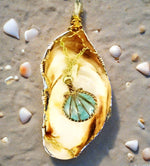Elongated White-Brown Oyster Shell Pendant-Gold/Turquoise Shell Charm-gold/silver tone wire wrapped - South Florida Boho Boutique