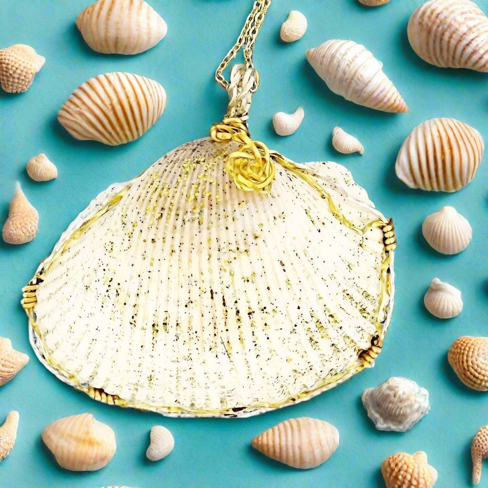 Large Cockle Seashell Pendant-glitter glazed-gold/silver tone wire wrapped-Beach Boho - South Florida Boho Boutique