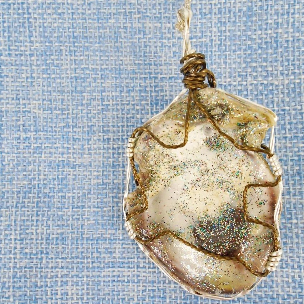 Oyster Pendant-Glitter Glazed-Silver/Vintage Tone Wire Wrapped-Starfish Charm - South Florida Boho Boutique