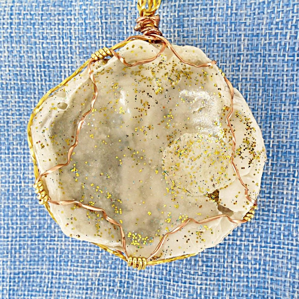 Oyster Shell Pendant-Gold/Copper Wire Wrapped and Glitter glazed-Beach Boho - South Florida Boho Boutique