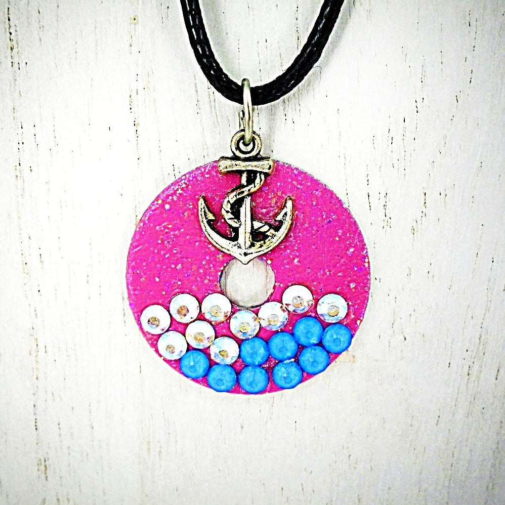Pink metal pendant,beach/boho style,shiny, Swarovski Crystal, anchor charm, leather rope included