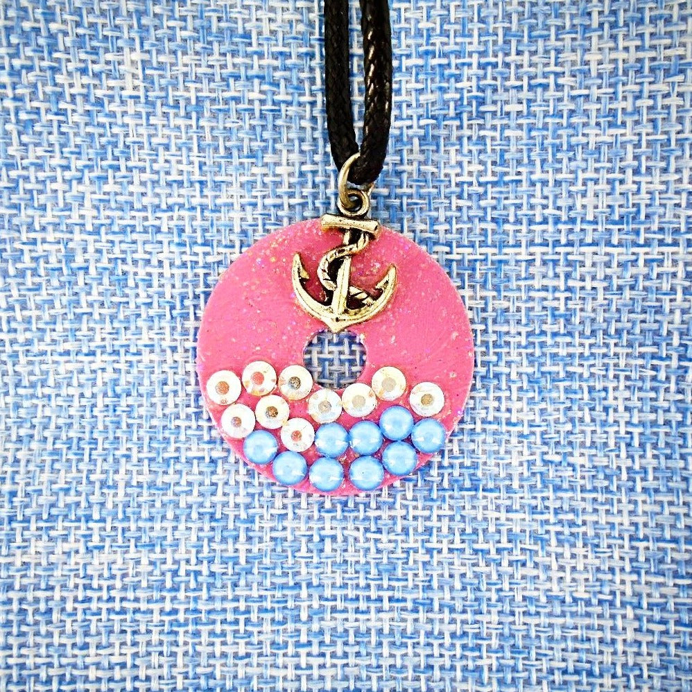 Pink metal pendant,beach/boho style,shiny, Swarovski Crystal, anchor charm, leather rope included - South Florida Boho Boutique