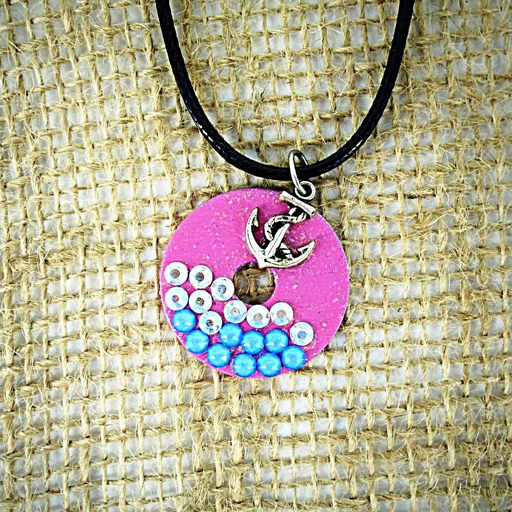 Pink metal pendant,beach/boho style,shiny, Swarovski Crystal, anchor charm, leather rope included - South Florida Boho Boutique