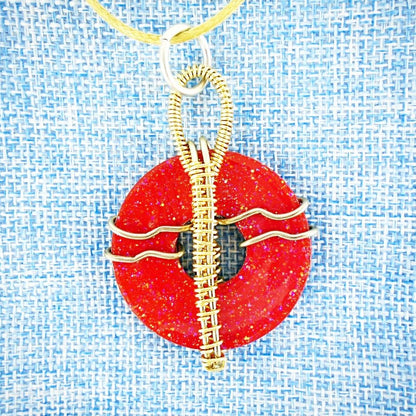 Red metal pendant,gold,silver wire wrap, swarovski crystals,leather rope included, - South Florida Boho Boutique