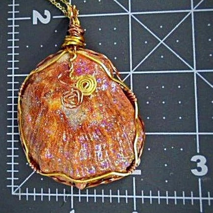 Orange Oyster Shell Pendant-Copper/Gold Wire Wrapped-Shimmer Glazed-Beach Boho - South Florida Boho Boutique