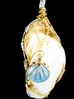Elongated White-Brown Oyster Shell Pendant-Gold/Turquoise Shell Charm-gold/silver tone wire wrapped - South Florida Boho Boutique