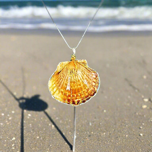Scallop Shell Pendant-Gold Glitter Sparkle-Silver/Gold Wire Wrapped And Encased-Beach Boho - South Florida Boho Boutique