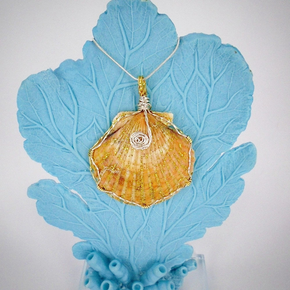 Orange Scallop Shell Pendant-Boho Style-Glitter Glazed Silver/Gold Wire Wrapped And Encased - South Florida Boho Boutique