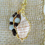 Banded Tulip Seashell Pendant-Green Glass/Brown Wood Beads-Beach-Boho