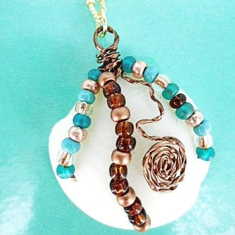 White Lucina Seashell Pendant,Vintage Wire Wrapped,Multi Color Glass Beads - South Florida Boho Boutique