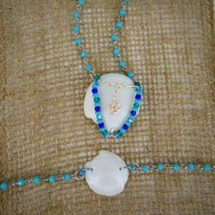 Lucina Seashell Pendant/Bracelet Set-Silver Wire Wrap-Turquoise/Blue-Glass Beads-Beach-Boho - South Florida Boho Boutique