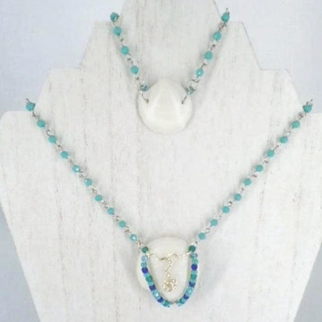 Lucina Seashell Pendant/Bracelet Set-Silver Wire Wrap-Turquoise/Blue-Glass Beads-Beach-Boho - South Florida Boho Boutique