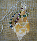 Fighting Conch Shell Pendant, Silver Tone Wire Wrap Green-Blue-Silver Color Beads-Beach Boho