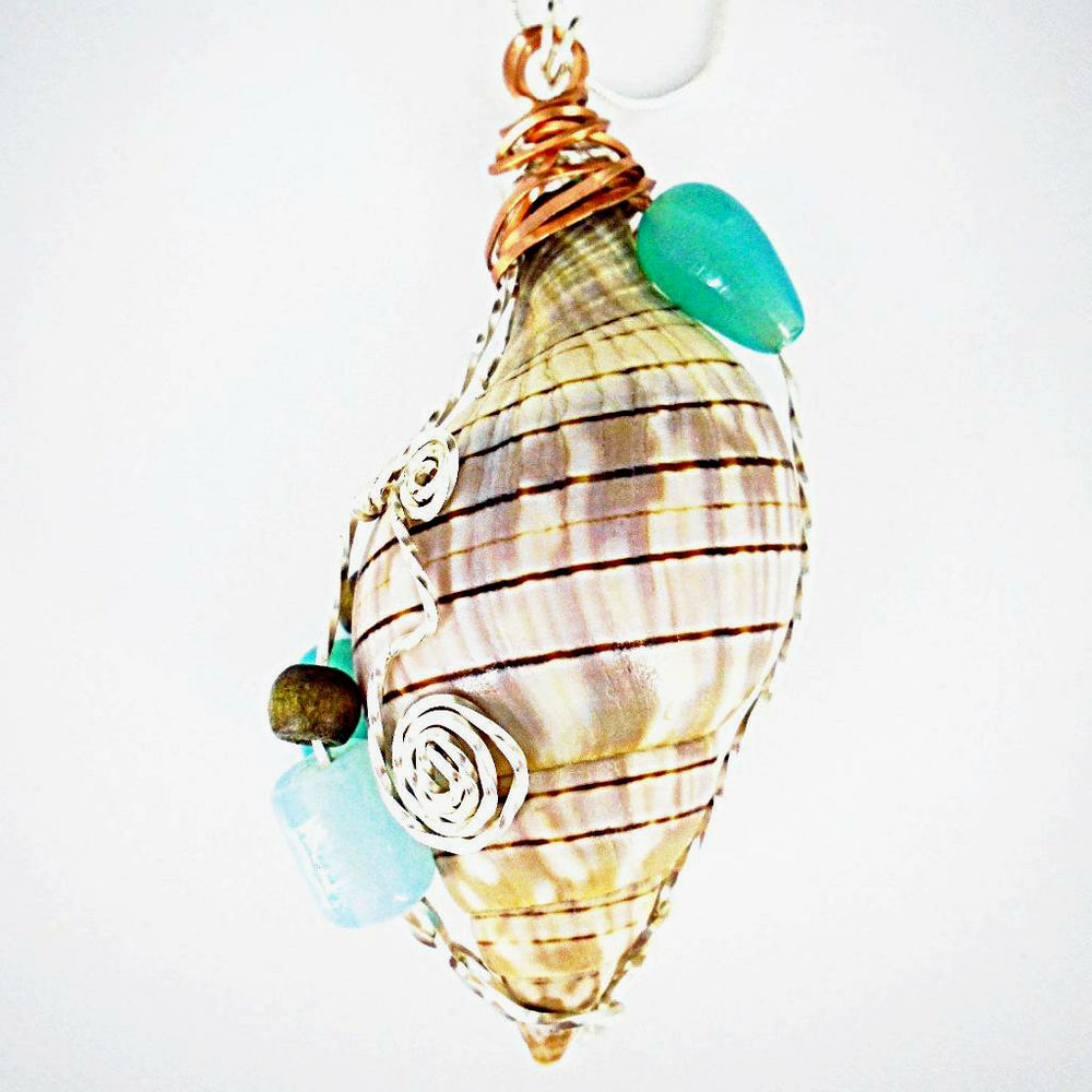 Banded Tulip Seashell Pendant-Green Glass/Brown Wood Beads-Beach Boho