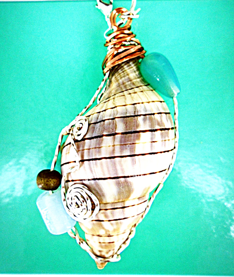 Banded Tulip Seashell Pendant-Green Glass/Brown Wood Beads-Beach Boho - South Florida Boho Boutique
