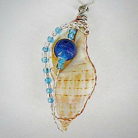 Banded Tulip Seashell-Copper And Silver Wire Wrap Blue Beads-Beach Boho