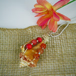 Fighting Conch Shell Pendant-Silver/Copper Wire Wrapped-Coral Glass Beads-Beach Boho