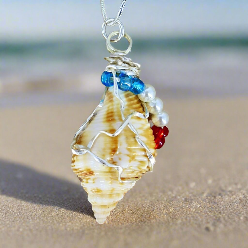 Natural Seashell Pendant-Silver Tone Wire Wrapped-Beach Boho-USA - South Florida Boho Boutique