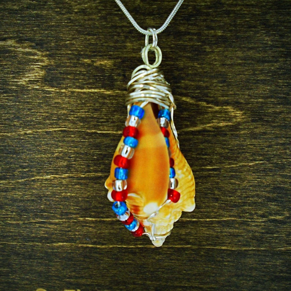 Fighting Conch Shell Pendant-Silver Wire Wrapped-Multi Color Glass Beads-USA Holiday Beach Boho - South Florida Boho Boutique