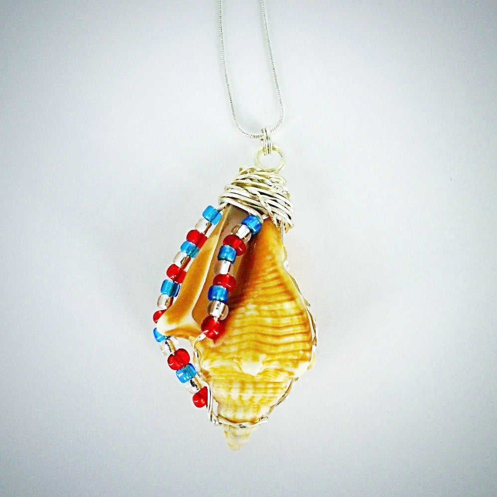 Fighting Conch Shell Pendant-Silver Wire Wrapped-Multi Color Glass Beads-USA Holiday Beach Boho