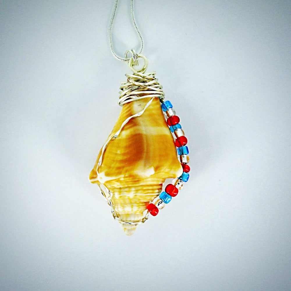 Fighting Conch Shell Pendant-Silver Wire Wrapped-Multi Color Glass Beads-USA Holiday Beach Boho - South Florida Boho Boutique
