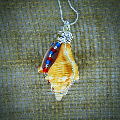 Fighting Conch Shell Pendant-Silver Wire Wrapped-Multi Color Glass Beads-USA Holiday Beach Boho - South Florida Boho Boutique